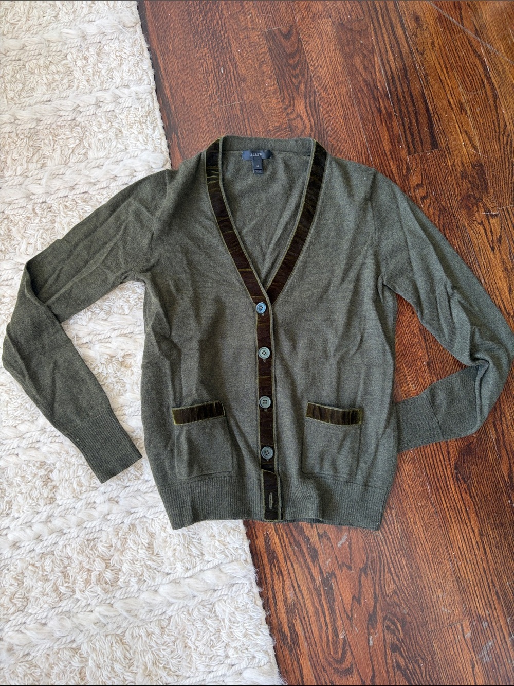 J. Crew Olive Green Button-Front Velvet-Trim Cardigan